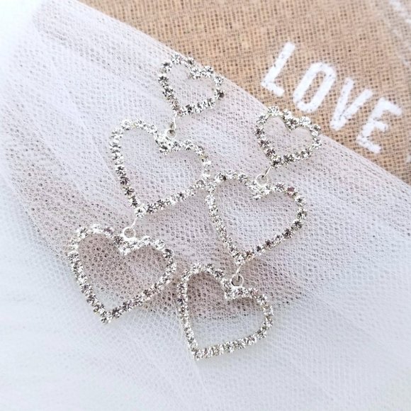 White Crystal Heart Triple Drop Earrings - Picture 4 of 6